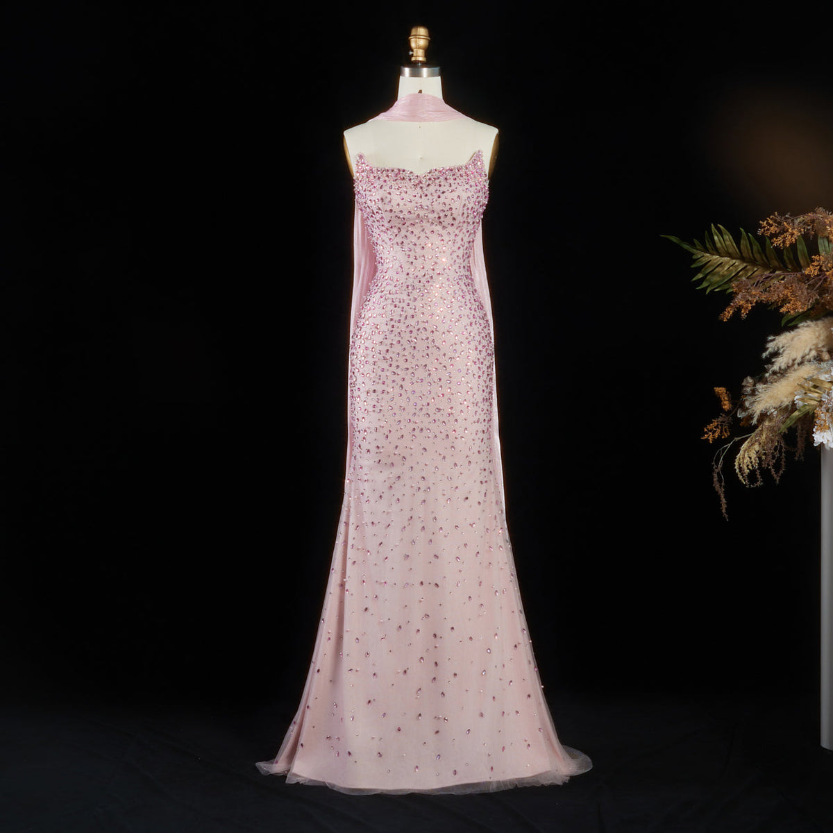 Glamorous Pink Strapless Crystal Evening Dress with Choker and Cape SS382 