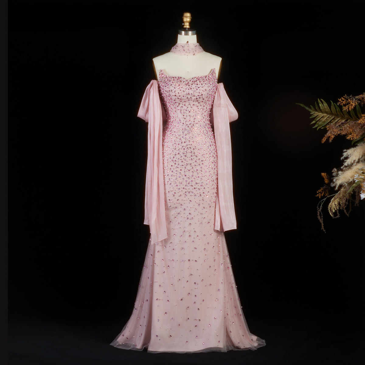 Glamorous Pink Strapless Crystal Evening Dress with Choker and Cape SS382 