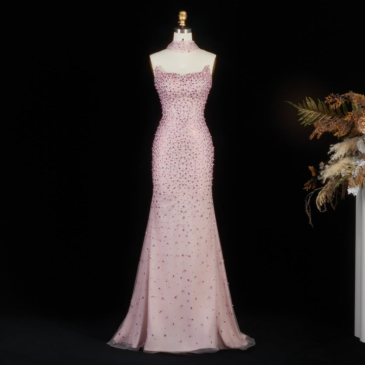 Glamorous Pink Strapless Crystal Evening Dress with Choker and Cape SS382 