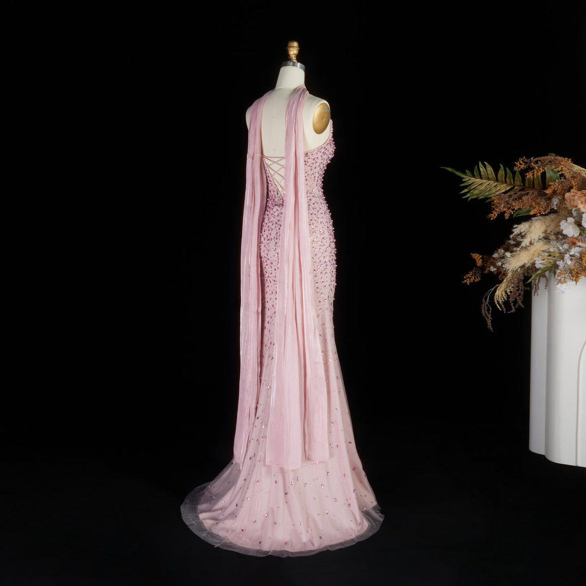 Glamorous Pink Strapless Crystal Evening Dress with Choker and Cape SS382 