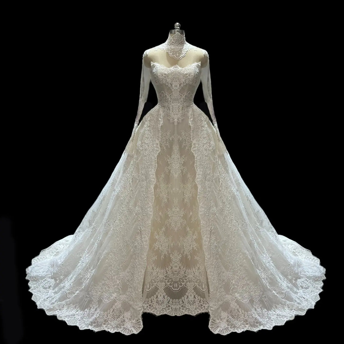 White Long Sleeve Lace Bridal Dress High Neck SW687