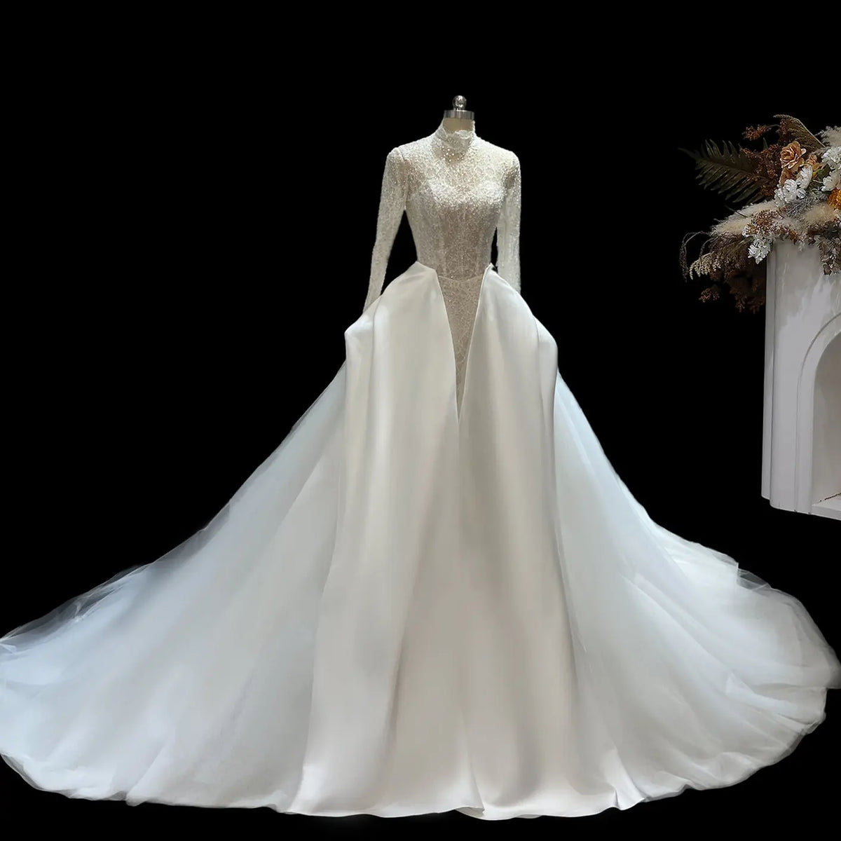 White Beaded Mermaid Wedding Dress with Overskirt SW685
