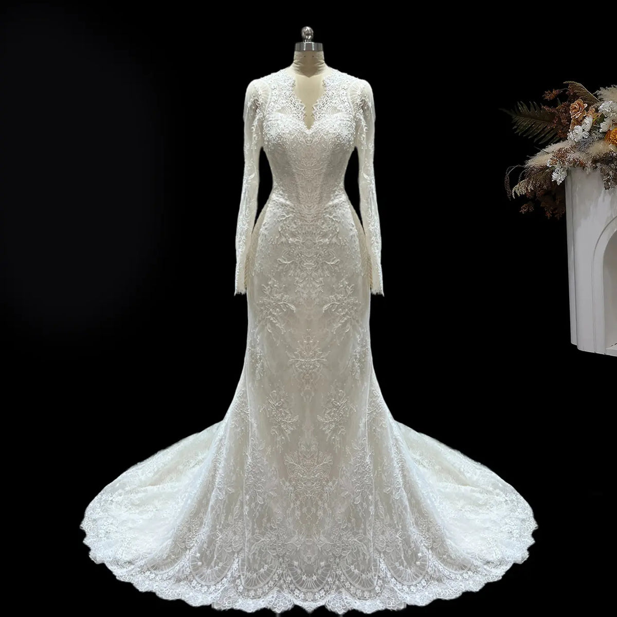White Lace Mermaid Wedding Dress Long Sleeves SW683