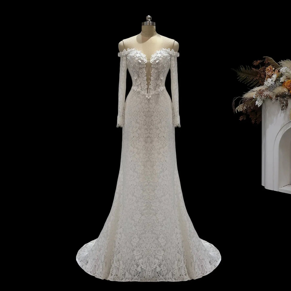 White Off Shoulder Lace Mermaid Wedding Dress SW689