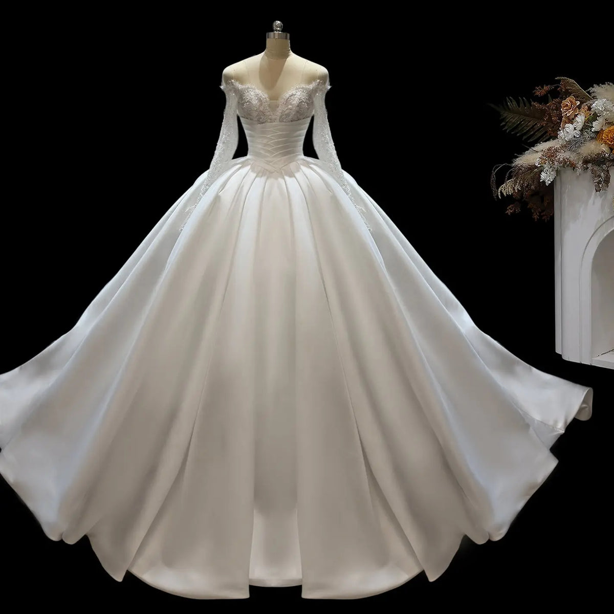 Ivory Off Shoulder Satin Ball Gown Wedding Dress SW688