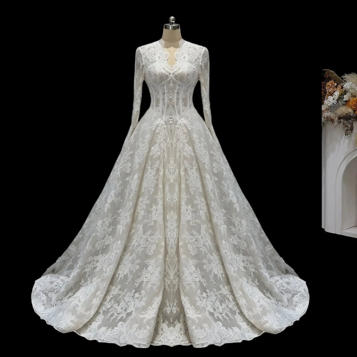White Lace Long Sleeve Wedding Dress V Neck SW693