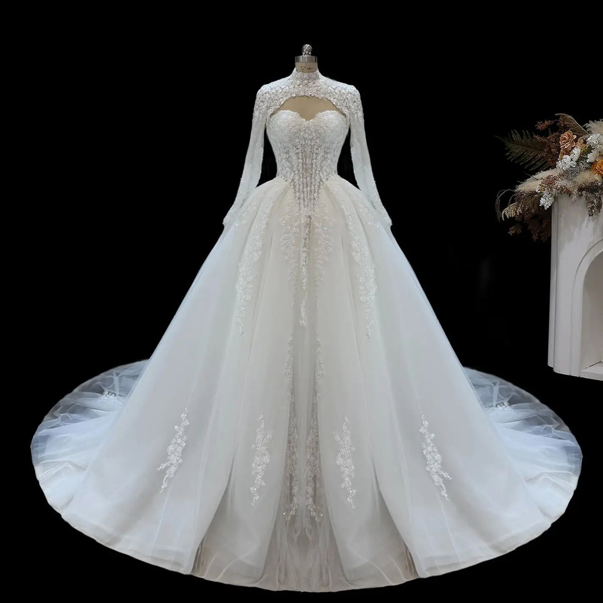 White Lace Long Sleeve Ball Gown Wedding Dress SW680