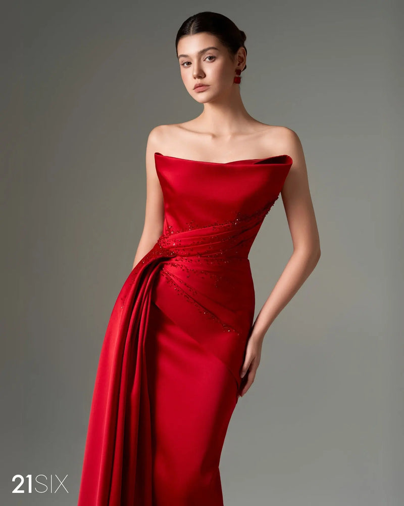 Elegant Crystal Red Mermaid Evening Dress with Overskirt SF514 