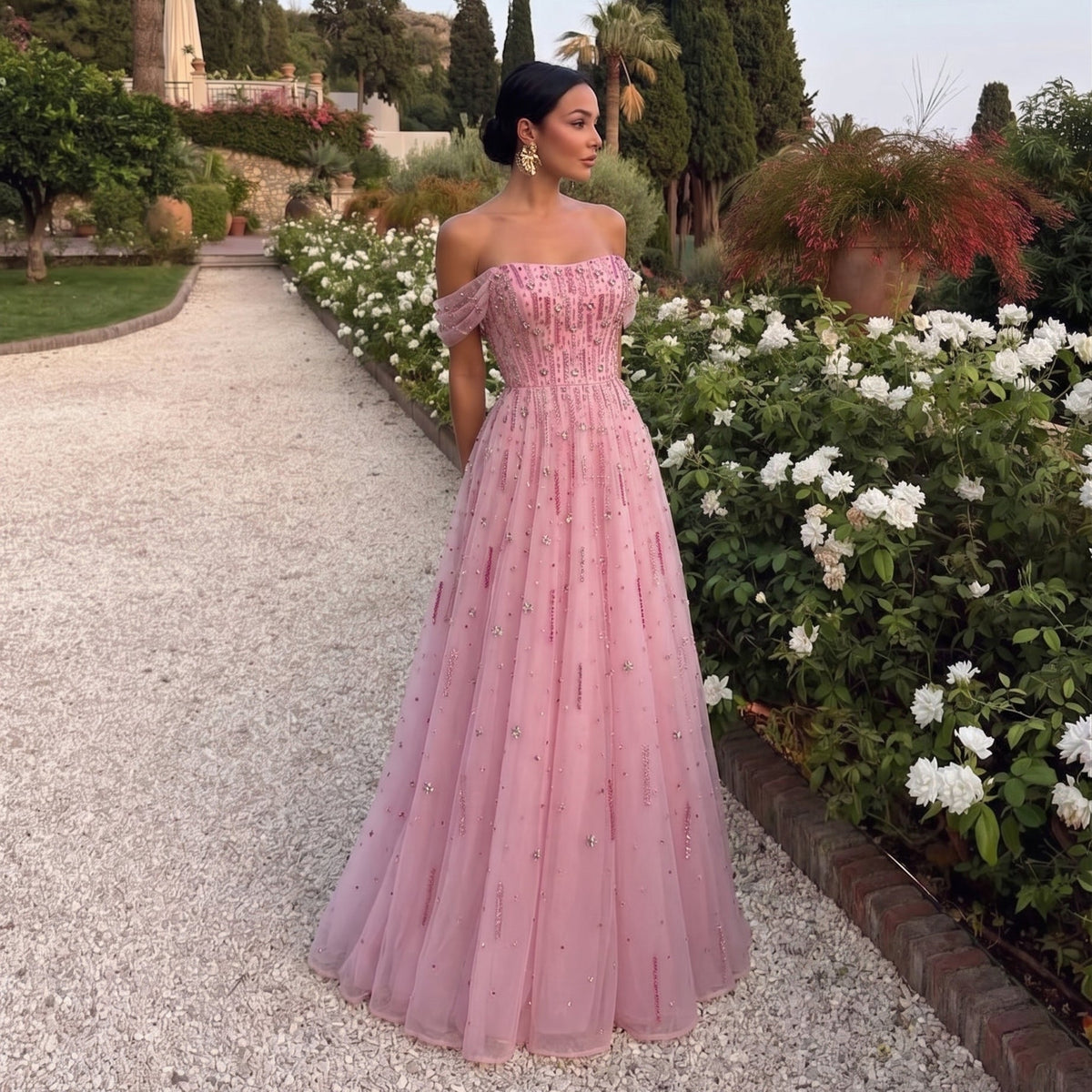 Elegant Pink Sequin Beaded Off Shoulder Evening Dress SS226 