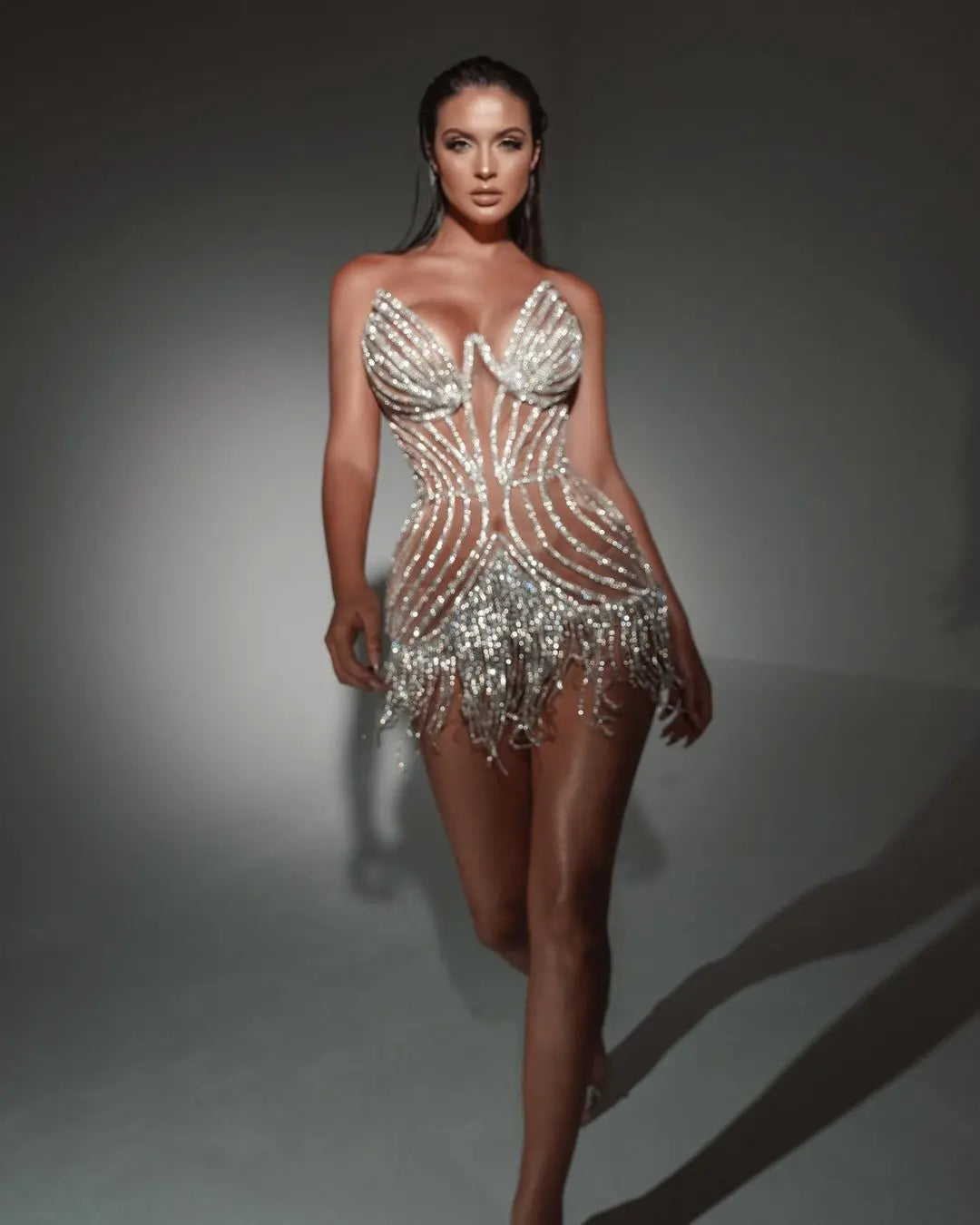 Luxury Beading Tassels Strapless Short Cocktail Dress RM016 