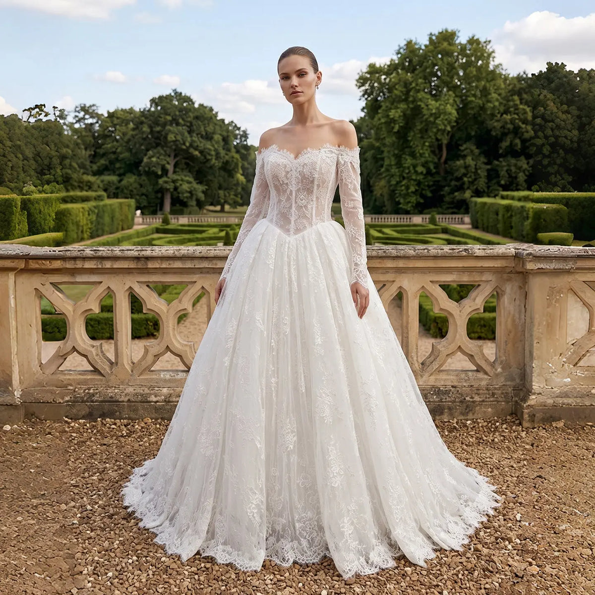 White Off Shoulder Lace Ball Gown Dress SW748