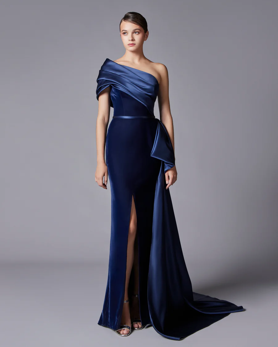 Elegant Dark Blue One Shoulder Evening Dress SF369