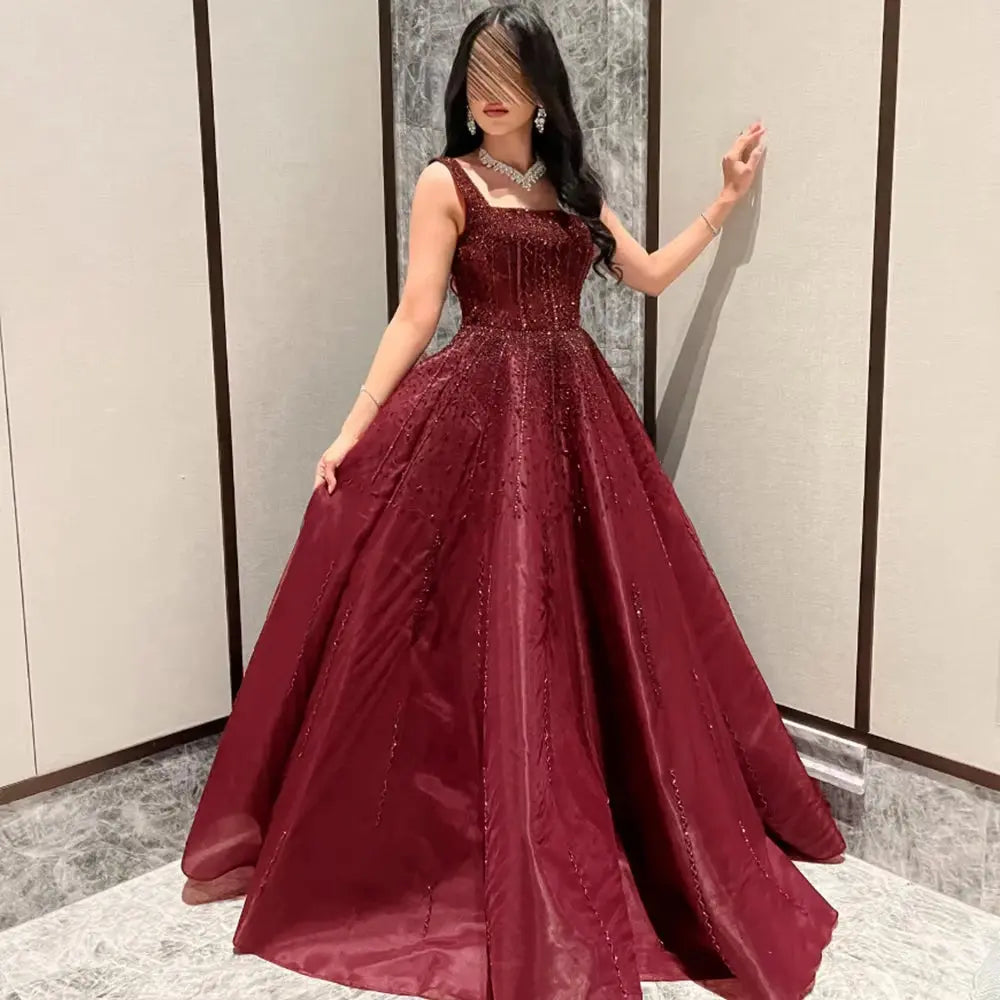 Luxury Wine Red Sequin Beaded Strapless Ball Gown Evening Dress XD074