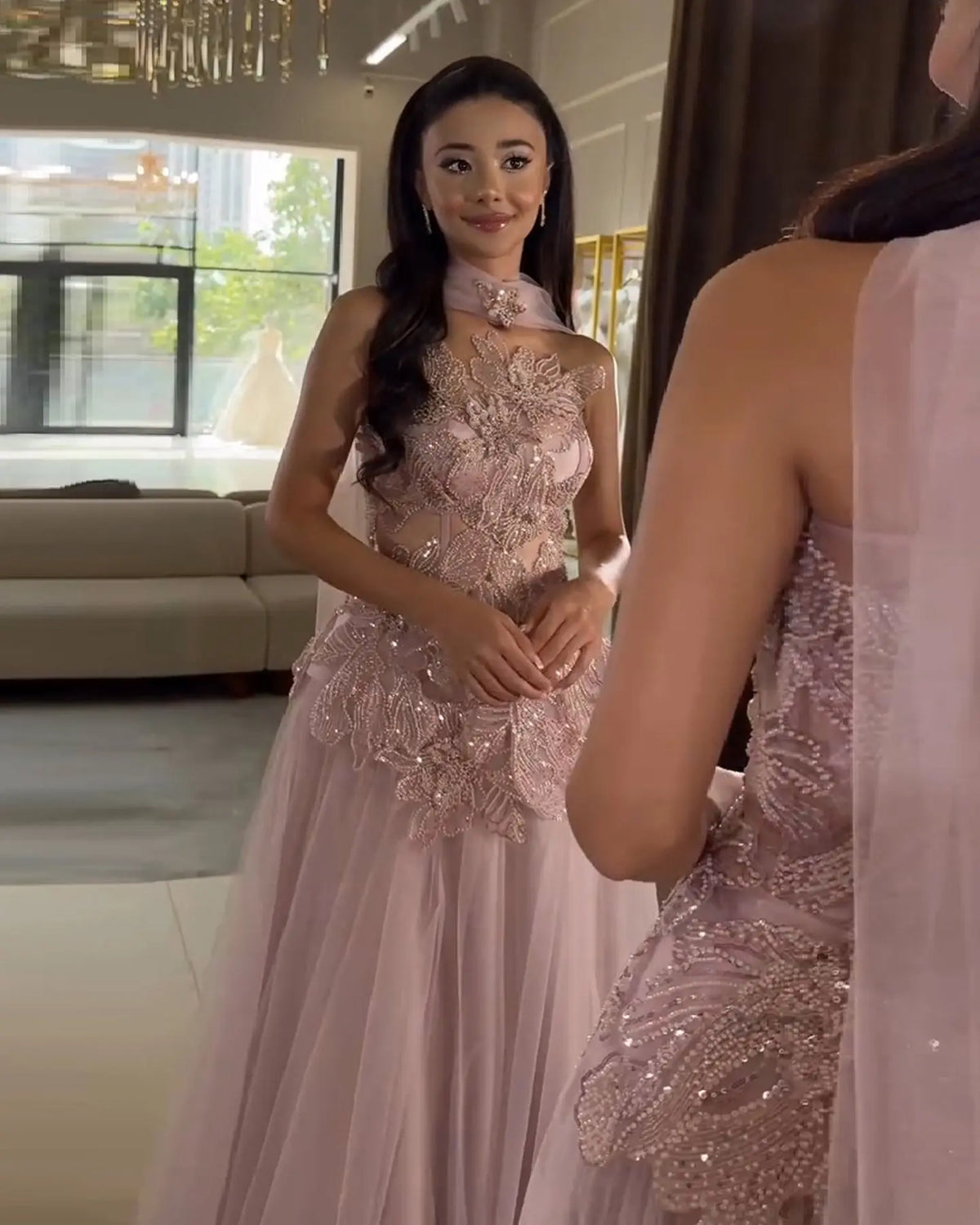 Pink 3D Floral Strapless Tulle Evening Dress SS239