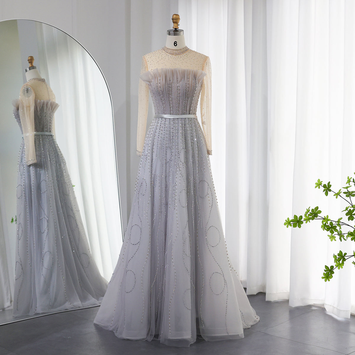 Sharon Said Luxury Dubai Silver Gray Evening Dresses for Women Wedding Party Long Sleeve Beaded Arabic Formal Prom Dresses SS215