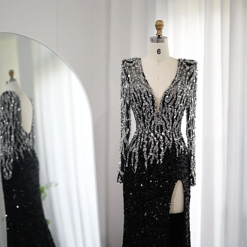 Luxury Black V-Neck Long Sleeves Side Slit Evening Dress SS250 