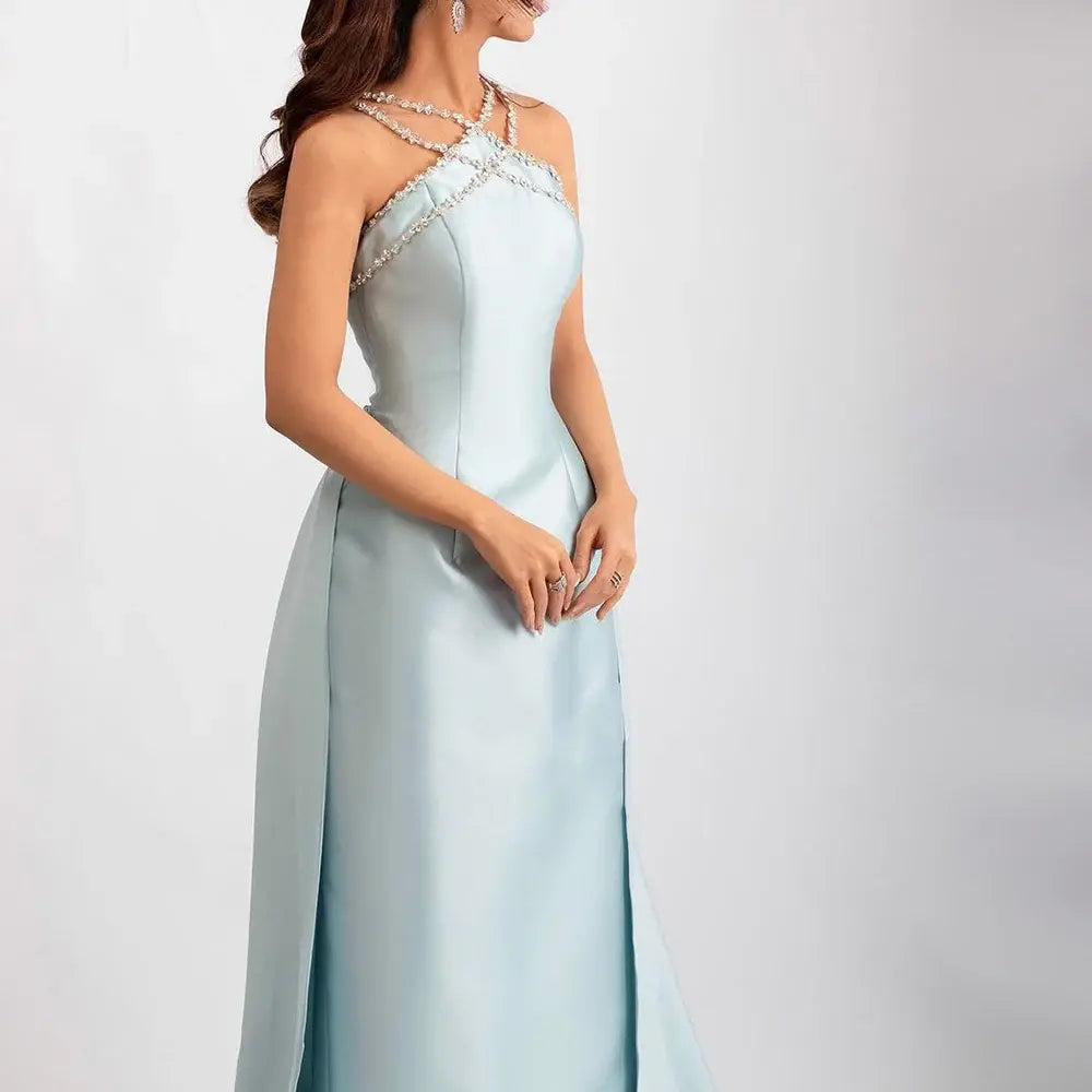 Elegant Light Blue Satin Evening Dress with Overskirt SF048 