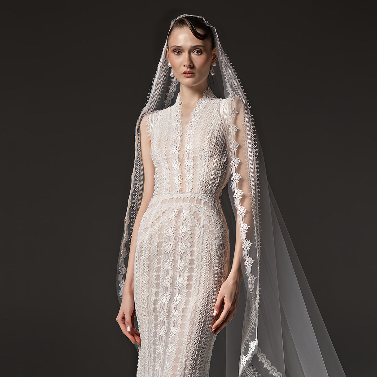 Elegant High Neck Sheer Lace Long Sleeves Mermaid Wedding Dress with Veil SW662 - SHARONSAID