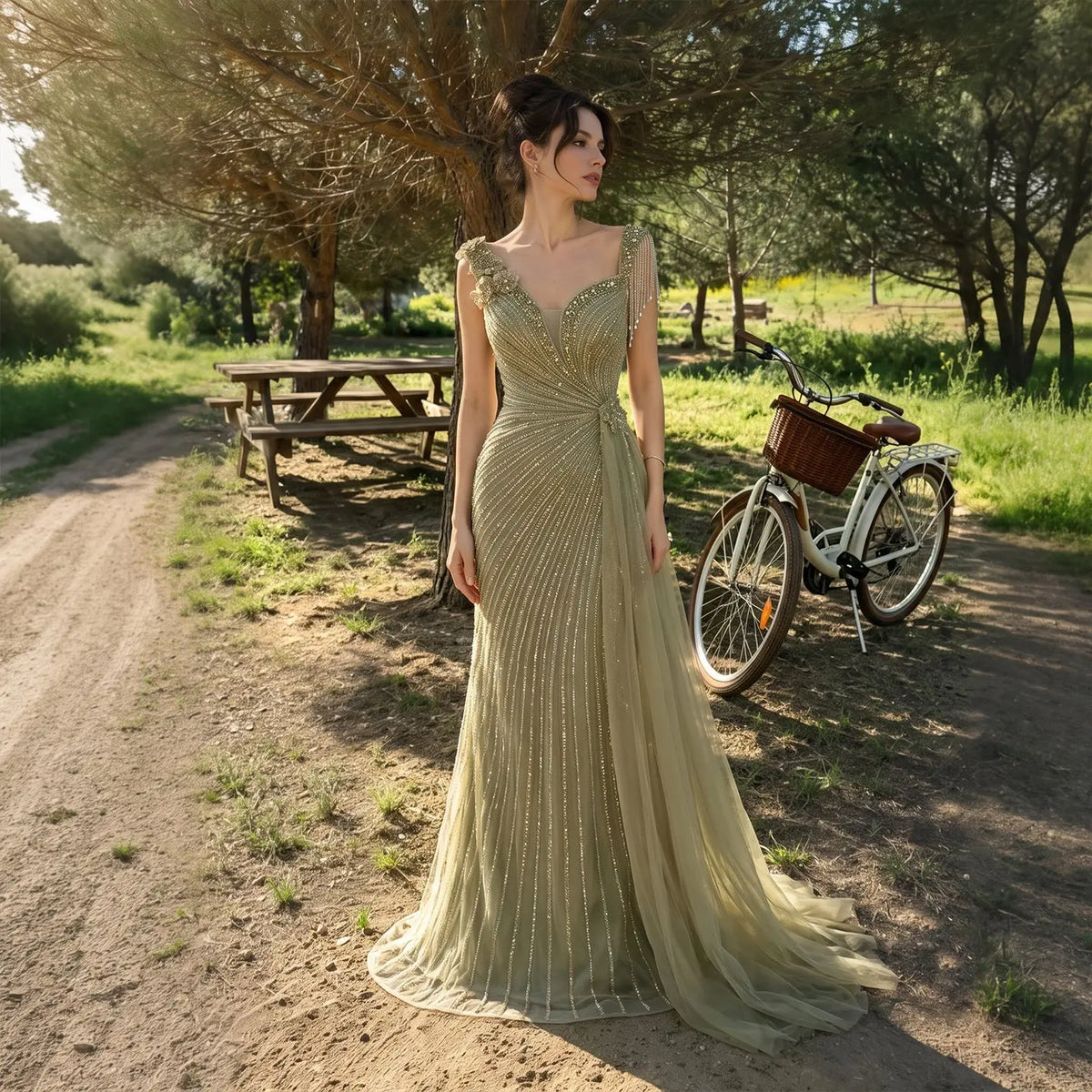 Sage Green Beaded Fringe Shoulder Evening Dress SS103