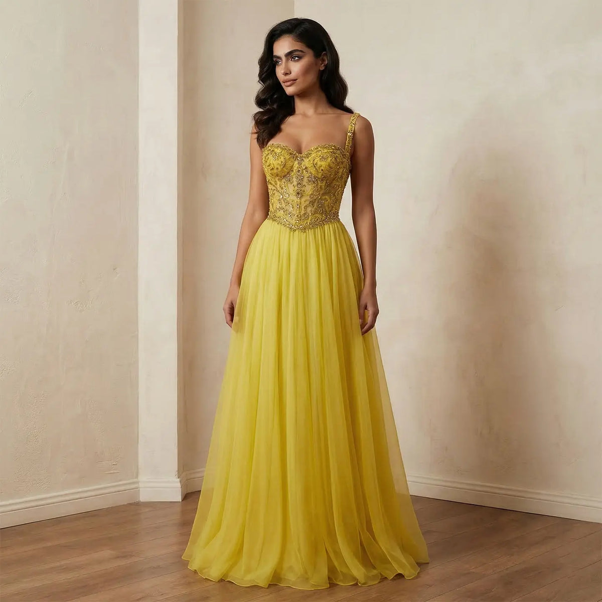 Luxury Yellow Sweetheart Neck Crystal Sequin Tulle A-line Evening Dress SS387 