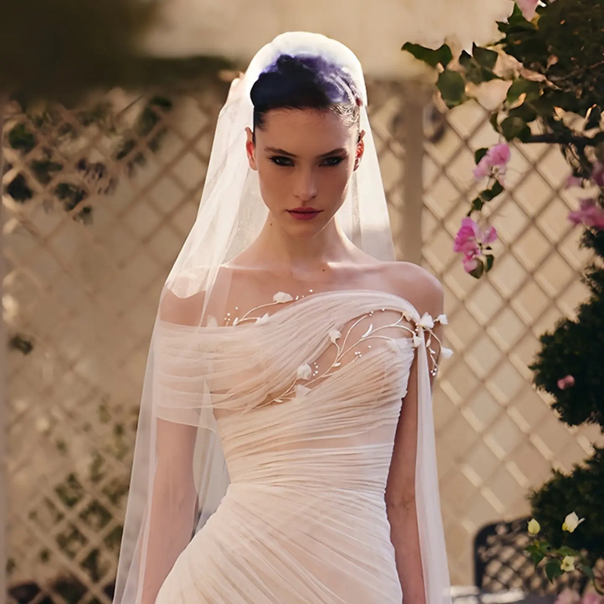 ruched wedding dress Elegant Off-the-Shoulder Ruched 3D Floral Wedding Dress with Veil SW23 – SHARONSAID