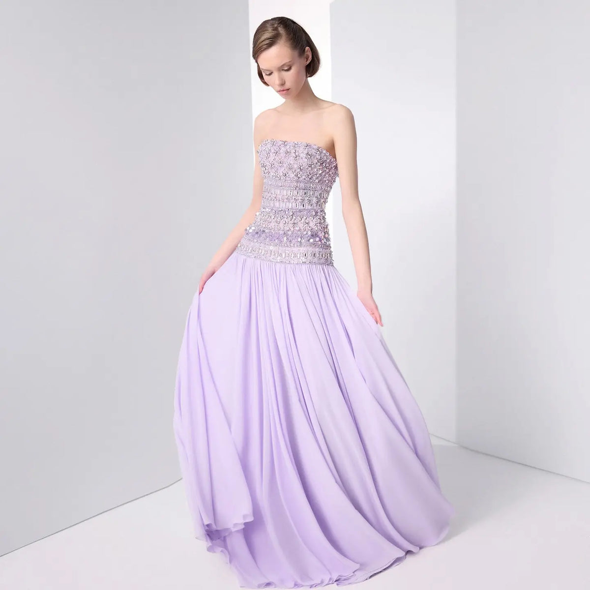 Strapless Lilac Beaded Bodice Evening Dress with Flowing Skirt SS539 - SHARONSAID Strapless Lilac Beaded Bodice Evening Dress with Flowing Skirt SS539 - SHARONSAID