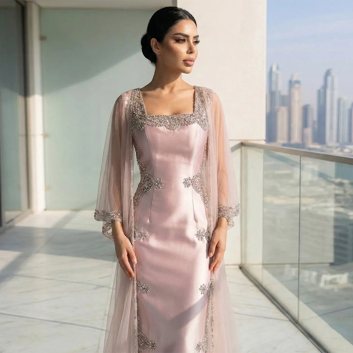 Luxury Pink Beaded Crystal Cape Satin Fitted Evening Dress SS326 