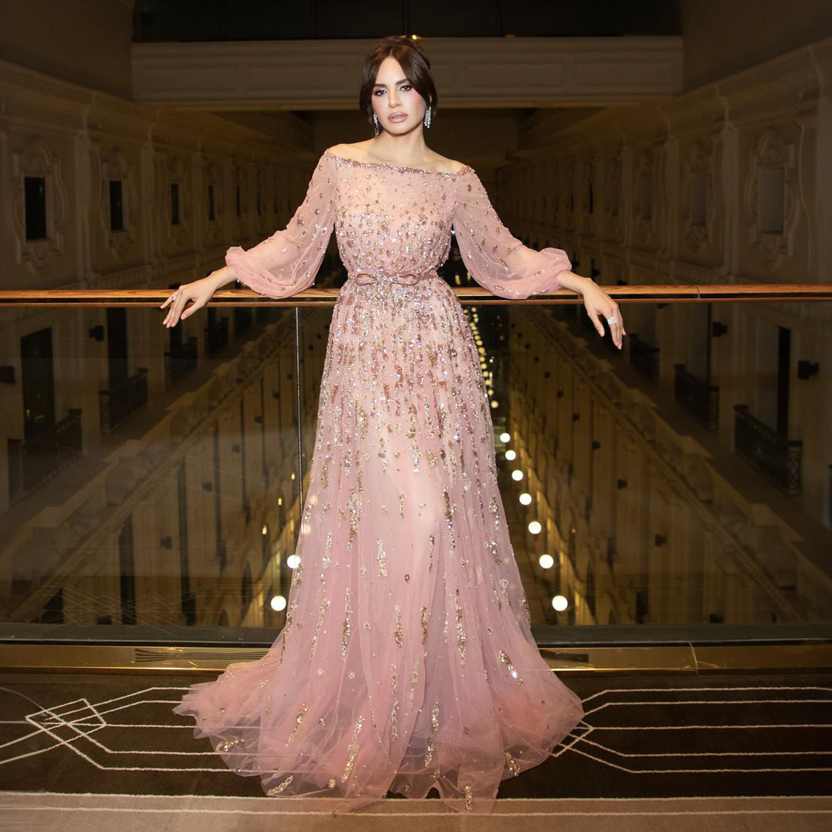 Elegant Beaded Sequin Pink Long Sleeve Evening Dress with Bow SS230 