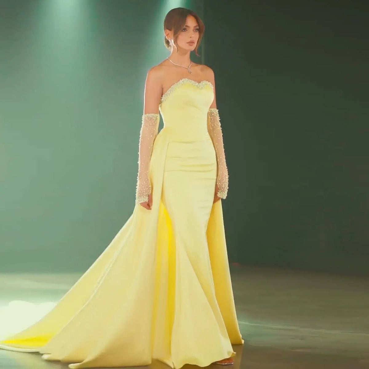 Final Sale Elegant Sweetheart Yellow Evening Dress with Gloves SS586 Final Sale Elegant Sweetheart Yellow Evening Dress with Gloves SS586