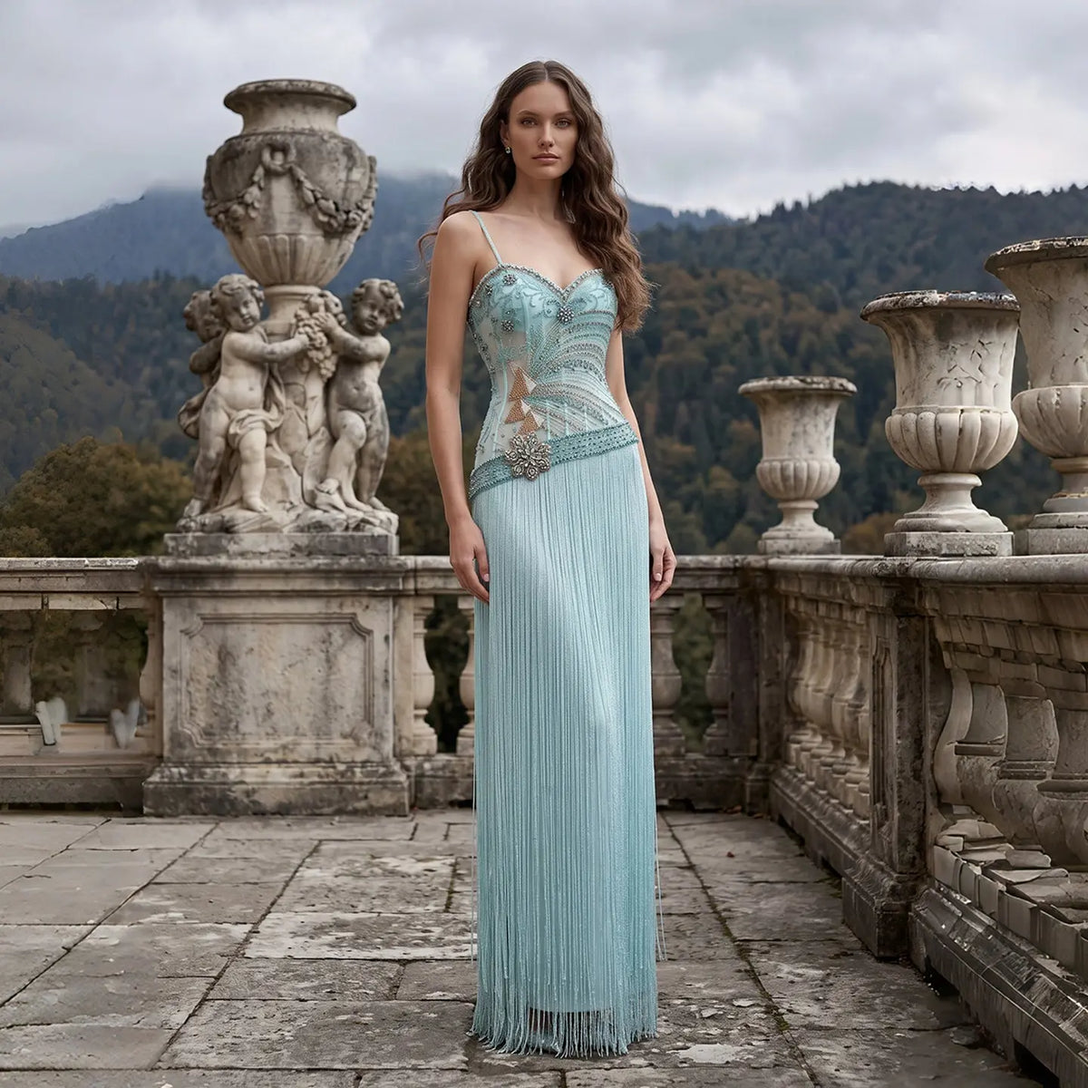 Aqua Fringe Beaded Corset Formal Evening Dress SS202