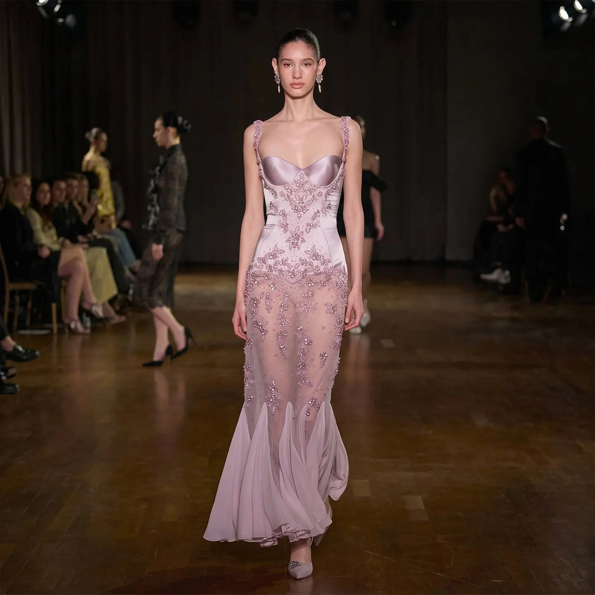 Pink Bell Sleeve Mermaid Beaded Evening Dress SS211