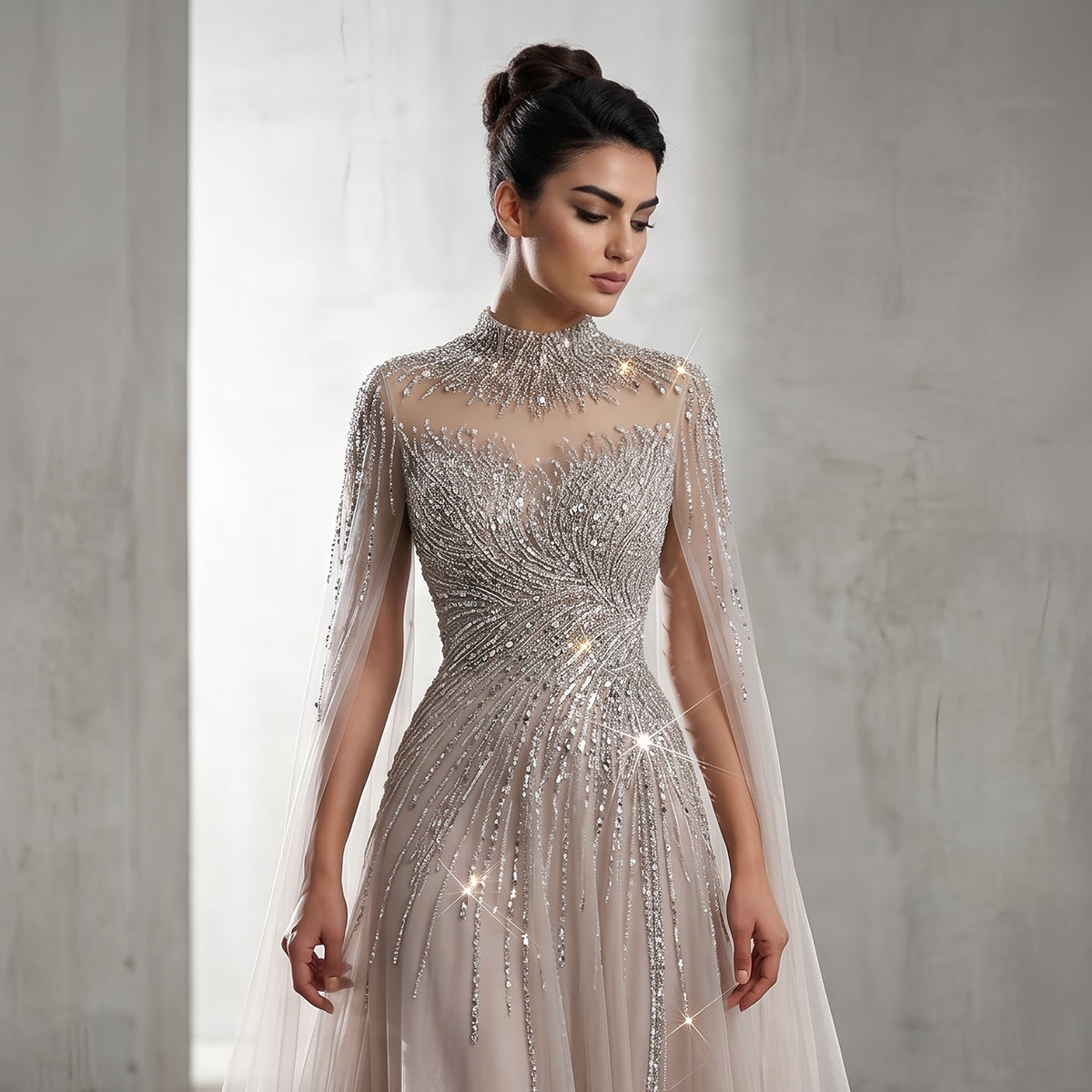 Luxury Blue High Neck Beaded Evening Dress with Cape Sleeve SS134 