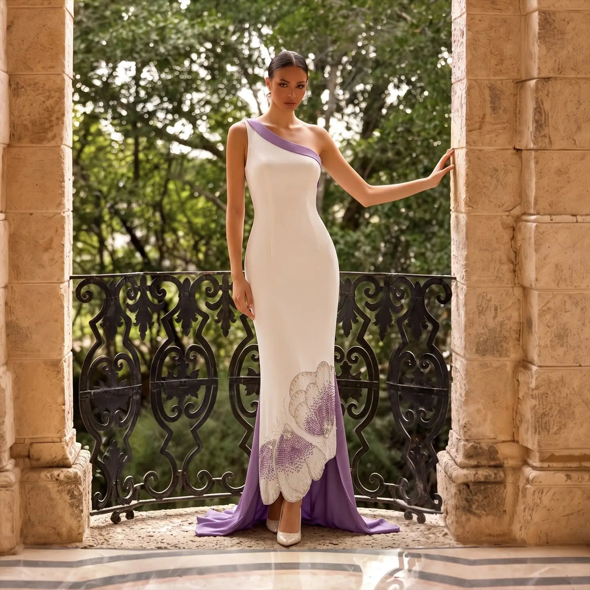 Luxury Butterfly Beaded One Shoulder White Evening Dress SS475