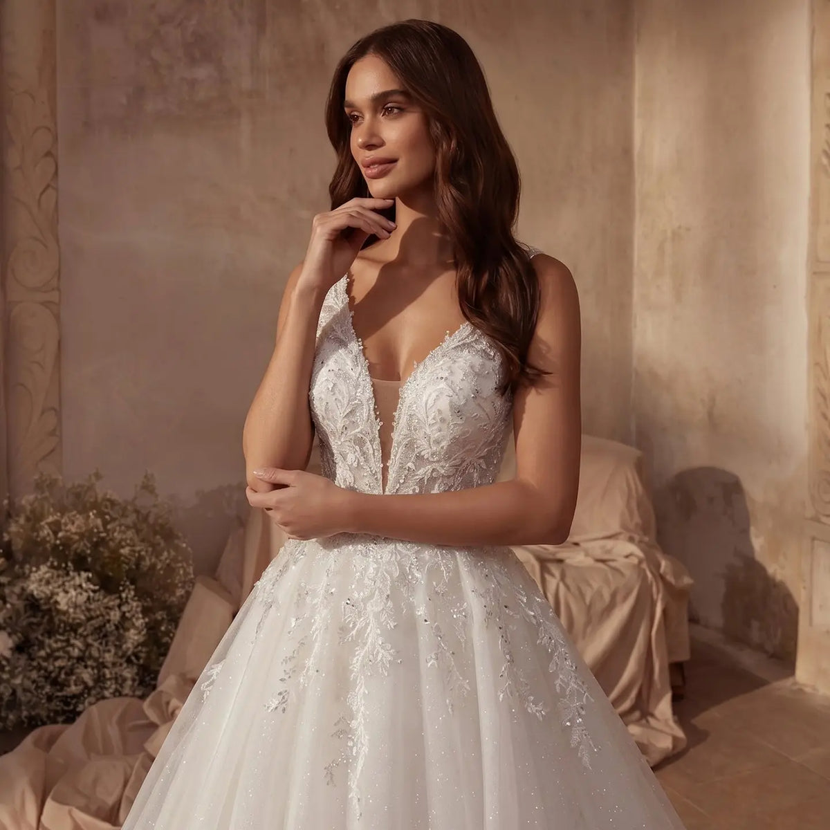 Dreamy White Glitter Tulle Wedding Dress with Lace Bodice and Corset Back SW710