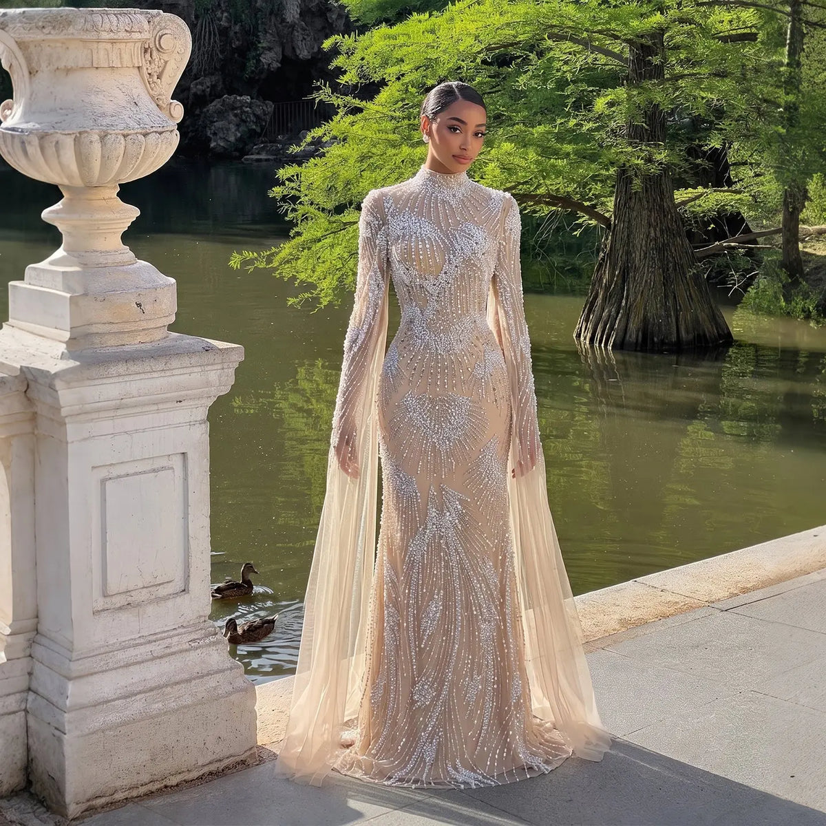 White Nued Beaded Long Sleeve Evening Gown SS022