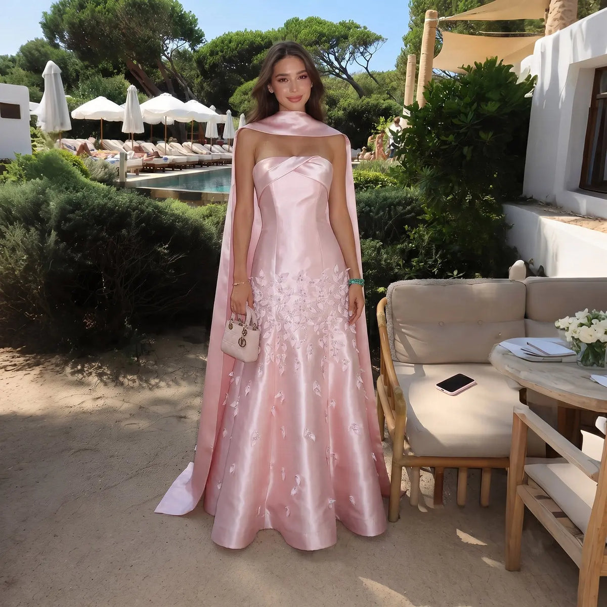 Luxury Pink 3D Leaves Satin Cape Evening Dress SS463
