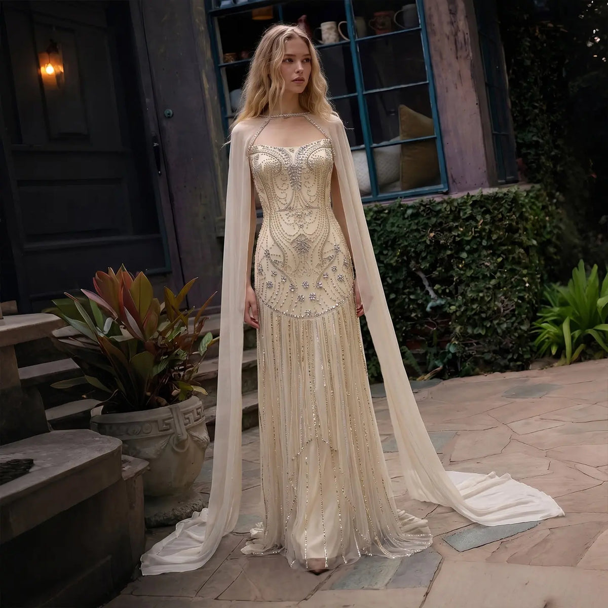 Yellow Rhinestone Cape Sleeve Mermaid Long Evening DressSS526