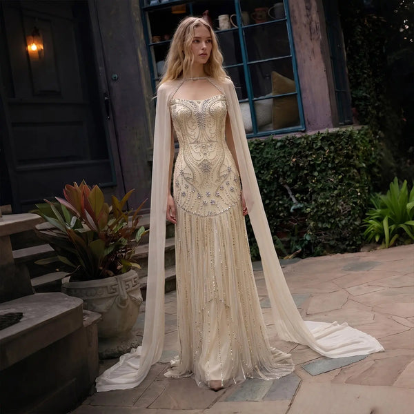 Yellow Rhinestone Cape Sleeve Mermaid Long Evening DressSS526