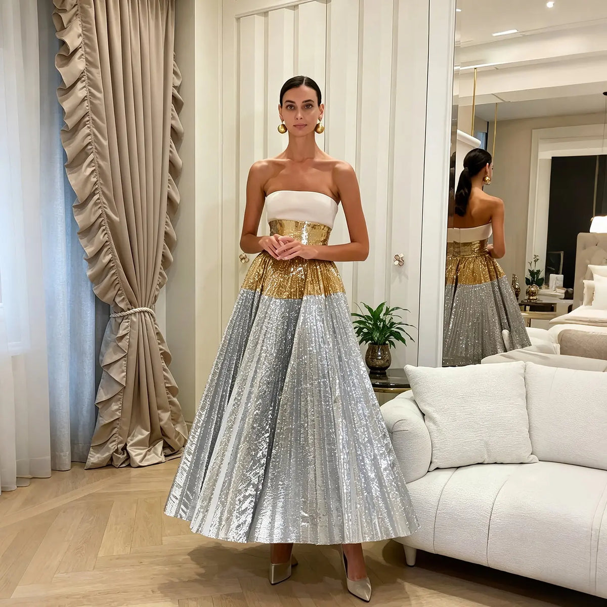 Luxury Silver Gradient Sequin Strapless Evening Dress SS200
