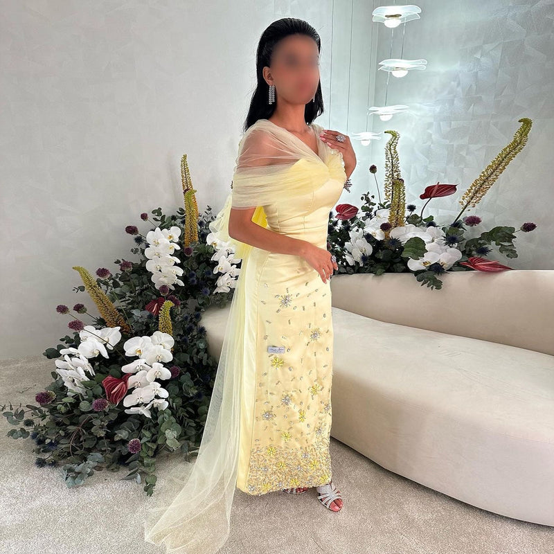Luxury Yellow Crystal Beaded Floral Evening Dress with Sheer Shawl XD018 