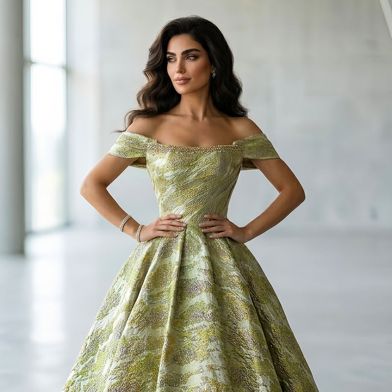 Luxury Gold Jacquard Off-the-Shoulder Ball Gown Satin Evening Dress SS742 