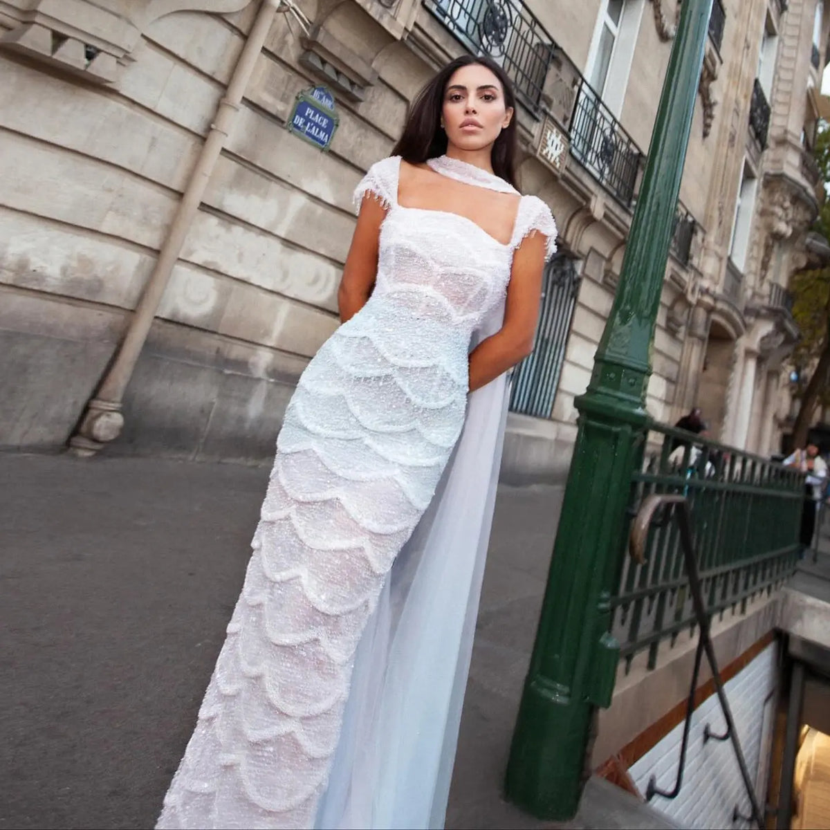 Chic Gradient White Beaded Fitted Evening Dress with Scarf SS523 
