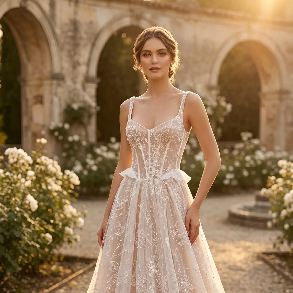 Luxury Square Neck Corset Lace Tulle A-Line Wedding Dress with Train S SHARONSAID Luxury Square Neck Corset Lace Tulle A-Line Wedding Dress with Train S SHARONSAID