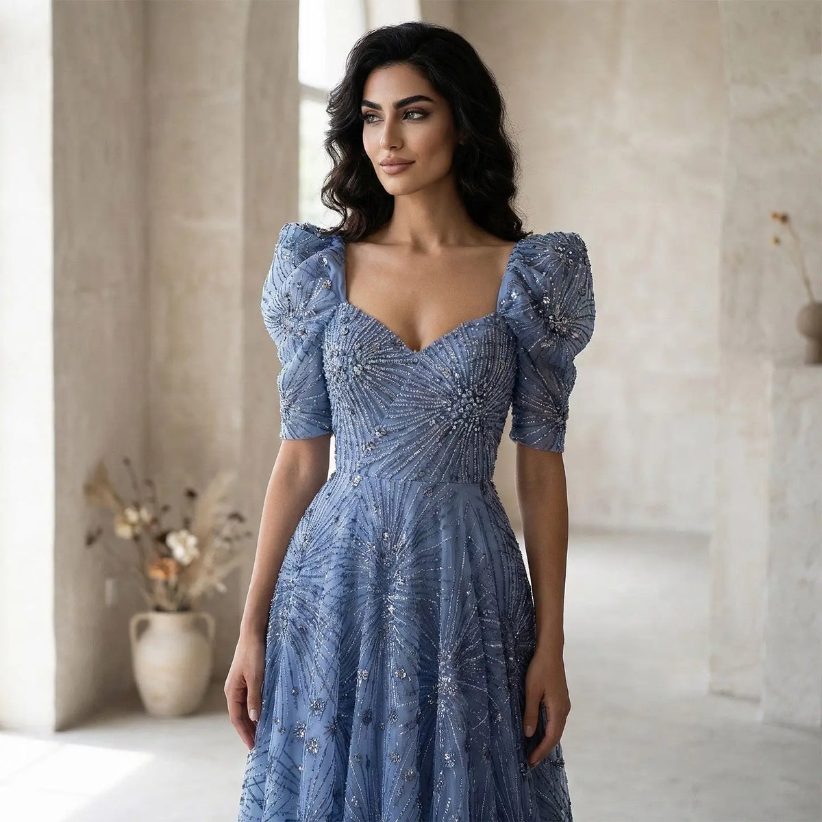 Glamorous Blue Puff Sleeve Sweetheart Neck Beaded Evening Dress SS080 