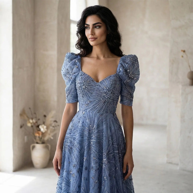 Glamorous Blue Puff Sleeve Sweetheart Neck Beaded Evening Dress SS080 