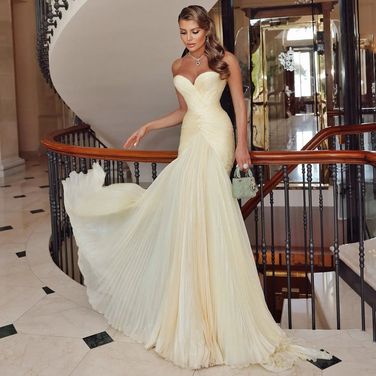 Glamorous Light Yellow Pleated Sweetheart Evening Dress SF035 - SHARONSAID