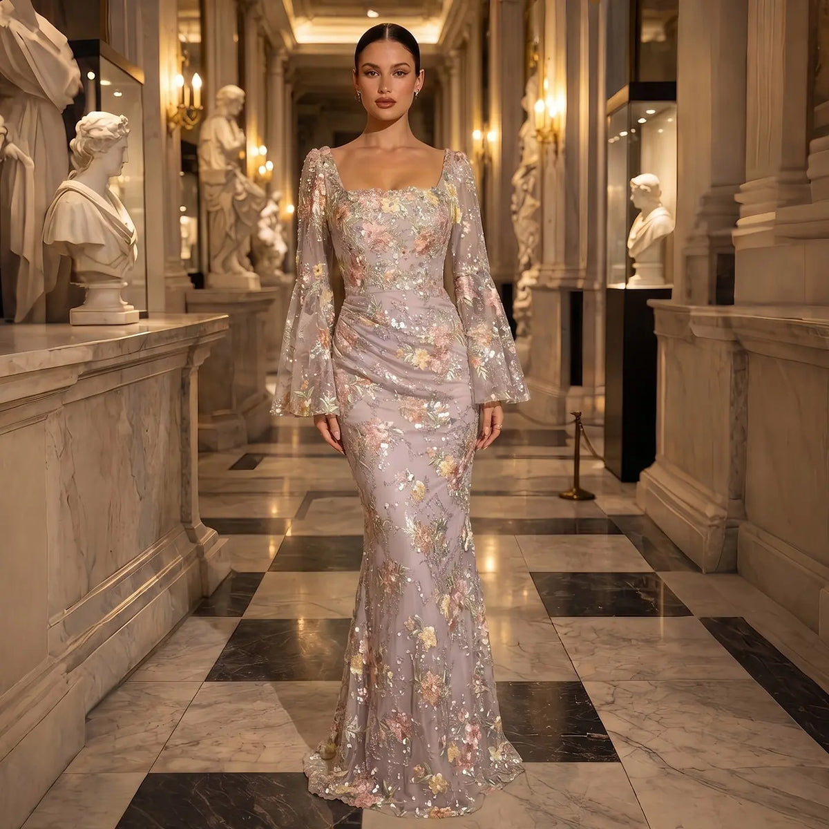 Elegant Gold Mermaid Evening Dress with Draped Neckline SS465