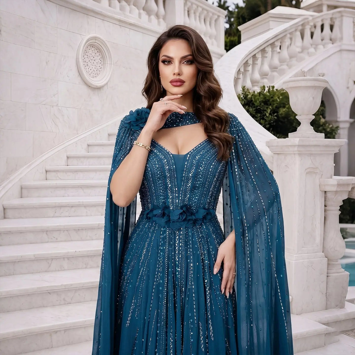 Elegant Blue Handmade Flower Beaded Off Shoulder Wedding Guest Evening – SHARONSAID