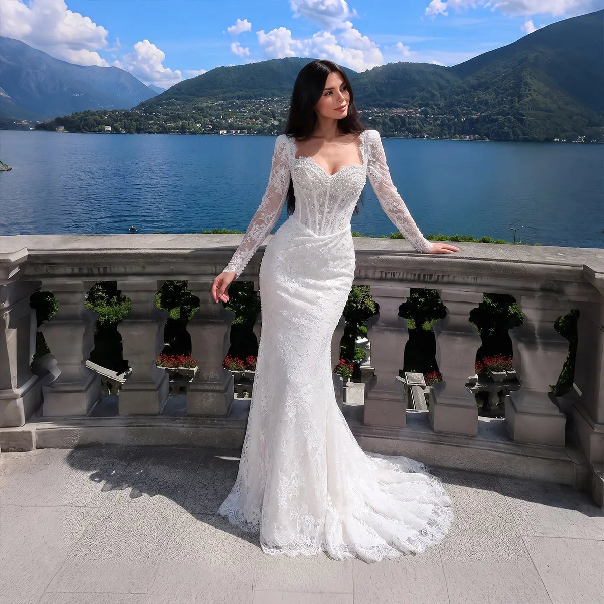 White Boho Romantic Lace Mermaid Wedding Dress Beaded Sequins With Lace Train SW627