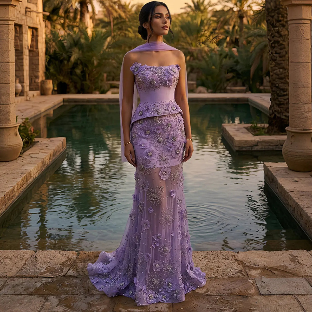 Romantic Lilac 3D Floral Applique Sheer Tulle Mermaid Evening Dress with Scarf SS415 Romantic Lilac 3D Floral Applique Sheer Tulle Mermaid Evening Dress with Scarf SS415